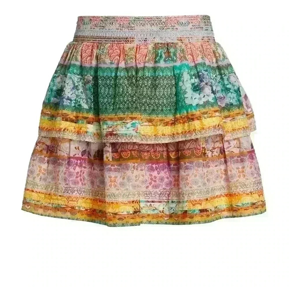 Alice + Olivia NWT Jojo Smocked Ruffled Mini Skirt Floral Multicolor Size 2 - Picture 4 of 6